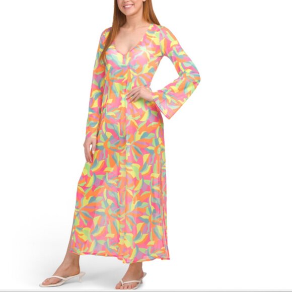 NWT SHOW ME YOUR MUMU Santos Tropical Neon Leaf Print Maxi Cover-Up Dress - Picture 2 of 10
